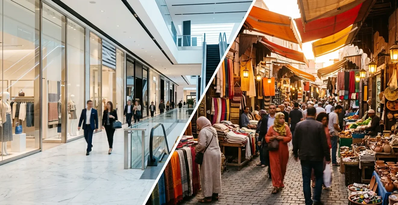 Split scene showing elegant mall interior and vibrant street market atmosphere