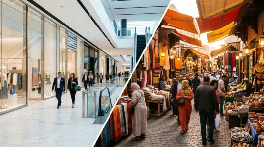 Split scene showing elegant mall interior and vibrant street market atmosphere