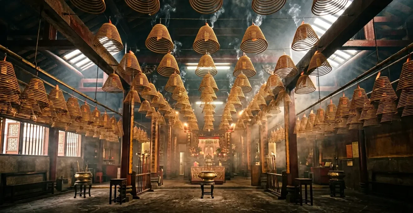 Atmospheric interior view of Man Mo Temple with giant hanging incense coils creating layers of smoke