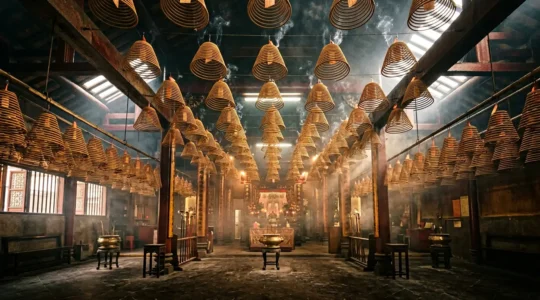 Atmospheric interior view of Man Mo Temple with giant hanging incense coils creating layers of smoke