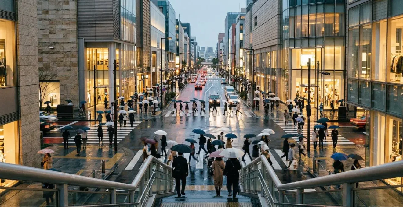 Bustling shopping district with crowds navigating between malls