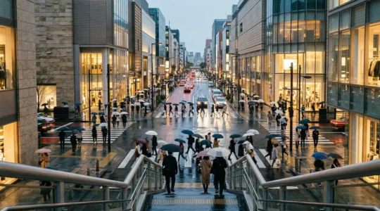 Bustling shopping district with crowds navigating between malls