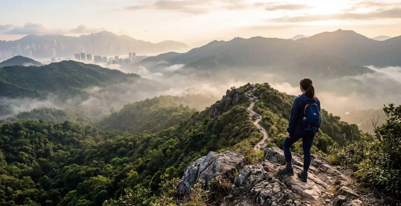 Solitary hiker on misty mountain trail overlooking Hong Kong skyline at dawn