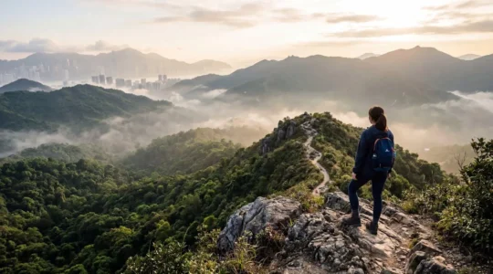 Solitary hiker on misty mountain trail overlooking Hong Kong skyline at dawn