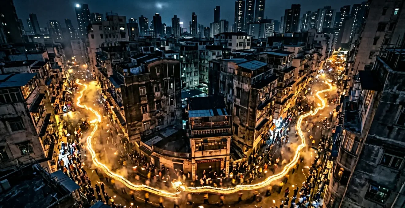 Fire dragon parade with thousands of glowing incense sticks winding through narrow streets during Mid-Autumn Festival in Hong Kong