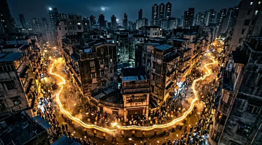 Fire dragon parade with thousands of glowing incense sticks winding through narrow streets during Mid-Autumn Festival in Hong Kong