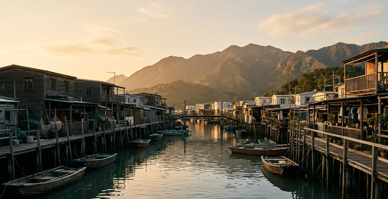 Waterfront stilt houses of Tai O fishing village at golden hour with traditional boats