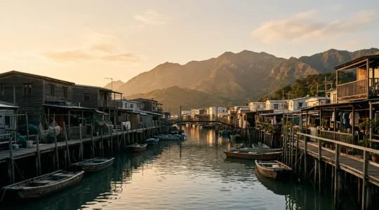 Waterfront stilt houses of Tai O fishing village at golden hour with traditional boats