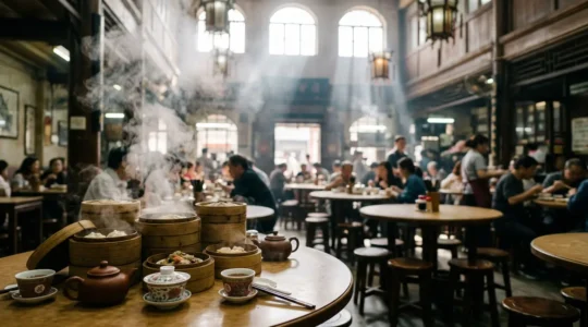 Traditional dim sum brunch scene with bamboo steamers and tea service in a Hong Kong teahouse
