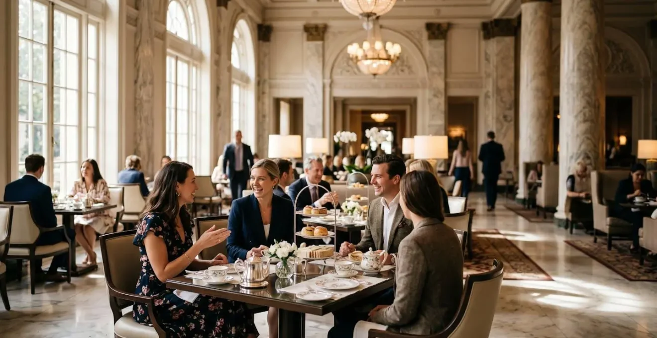 Elegant hotel lobby during afternoon tea service with soaring columns and natural light