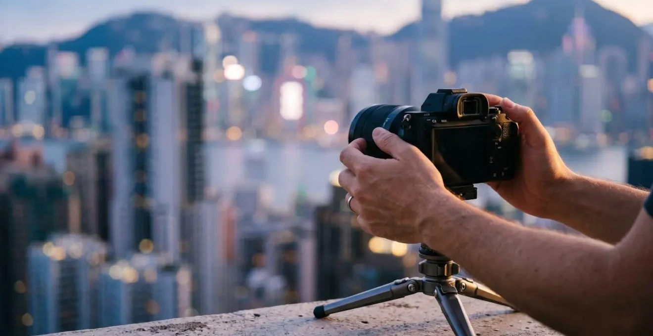 Photographer adjusting camera level against Hong Kong cityscape background
