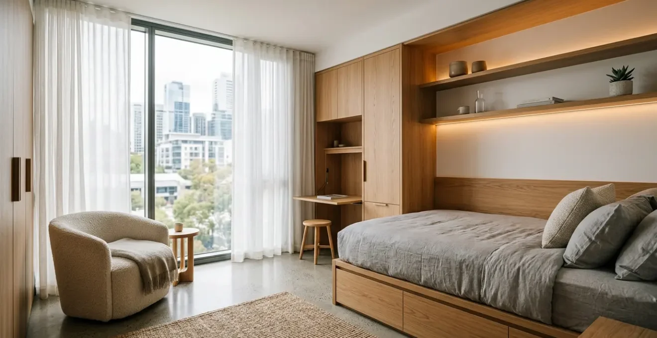 Elegant minimalist boutique guesthouse interior with strategic lighting and compact luxury design