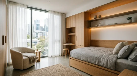 Elegant minimalist boutique guesthouse interior with strategic lighting and compact luxury design