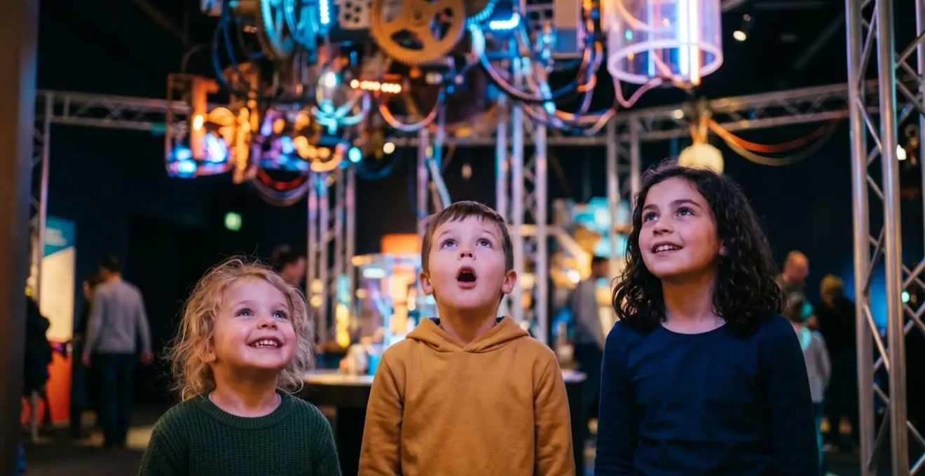 Children looking up in wonder at the giant Energy Machine at the Hong Kong Science Museum