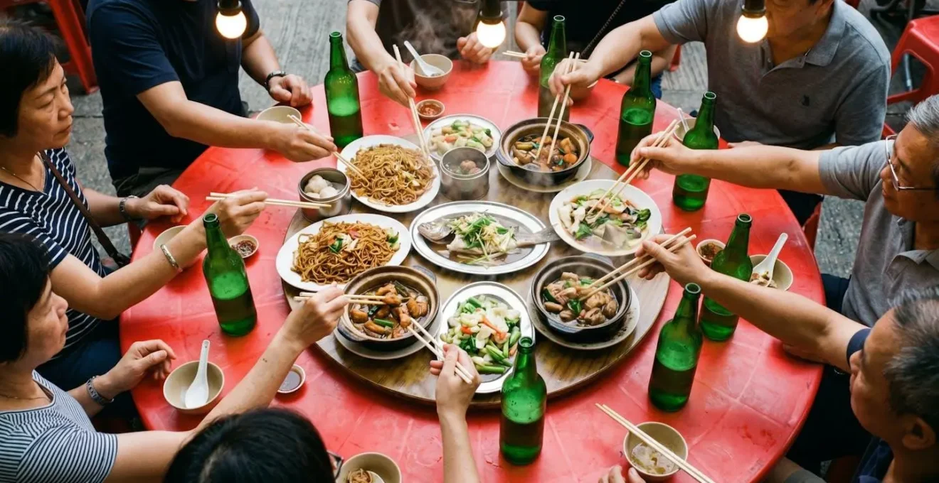 Overhead view of dai pai dong table with shared dishes and beer bottles