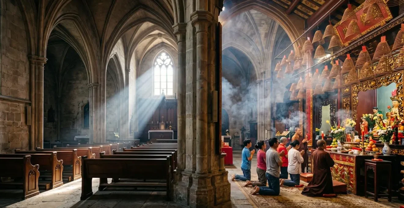 Split scene showing quiet Gothic cathedral interior and vibrant temple with incense smoke
