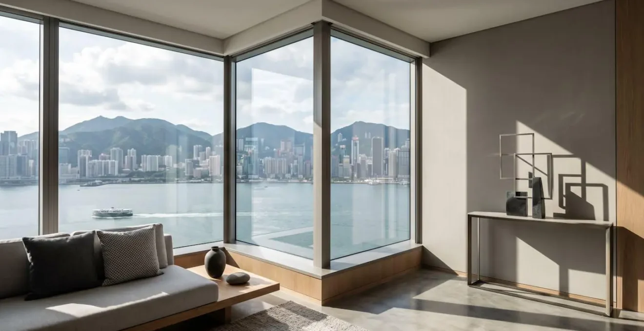 Aerial perspective of corner hotel suite with wraparound windows showing harbor panorama