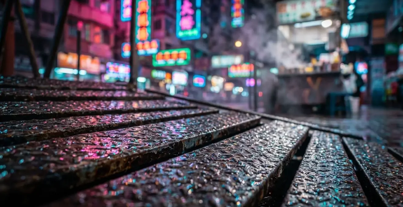 Dense neon-lit Kowloon streets viewed from Star Ferry pier with reflections on wet pavement