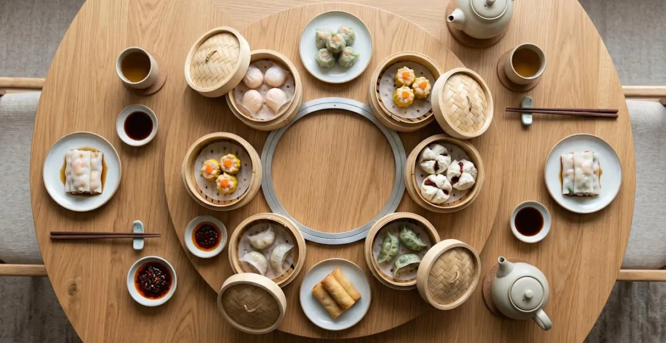 Aerial view of perfectly portioned dim sum spread for two people showing balanced selection