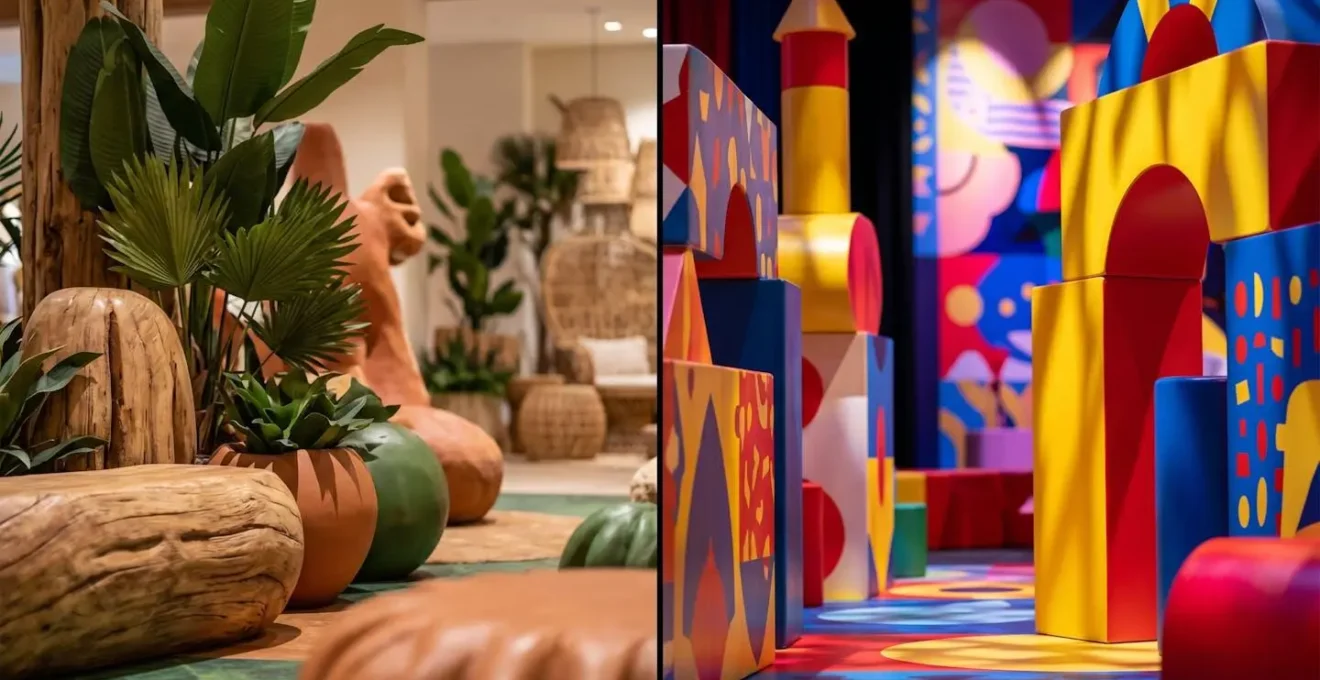 Split composition showing contrasting hotel atmospheres with nature versus movie themes