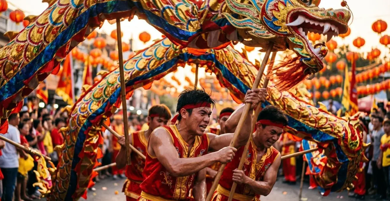 Traditional dragon dance performers in motion during Hong Kong street festival