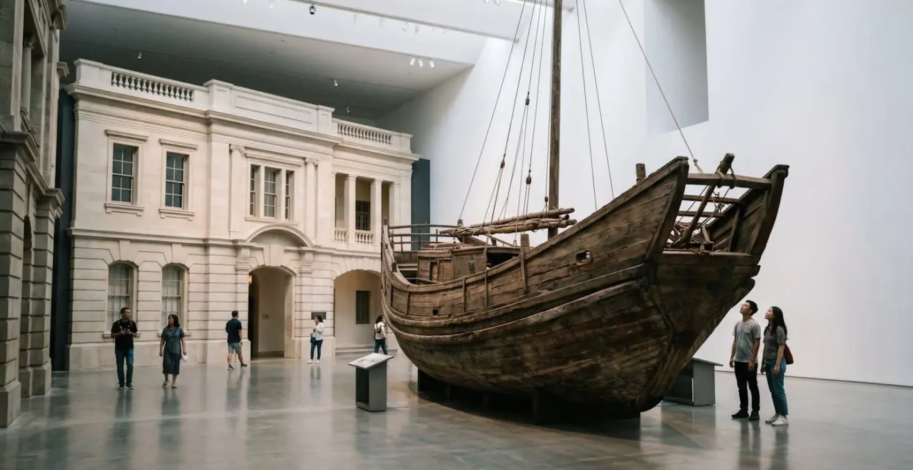 Wide museum gallery view showing traditional Chinese junk boat alongside colonial British architecture models