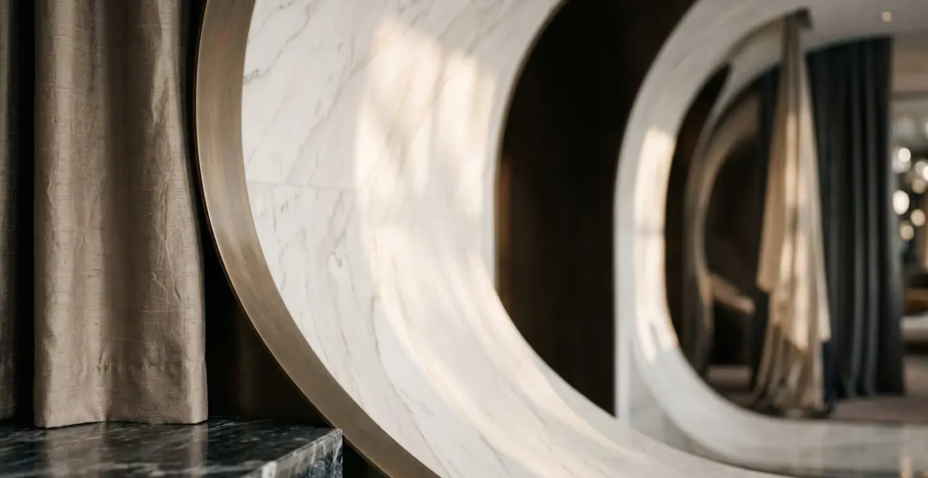 Intimate view of an exclusive luxury boutique interior with curated displays and ambient lighting