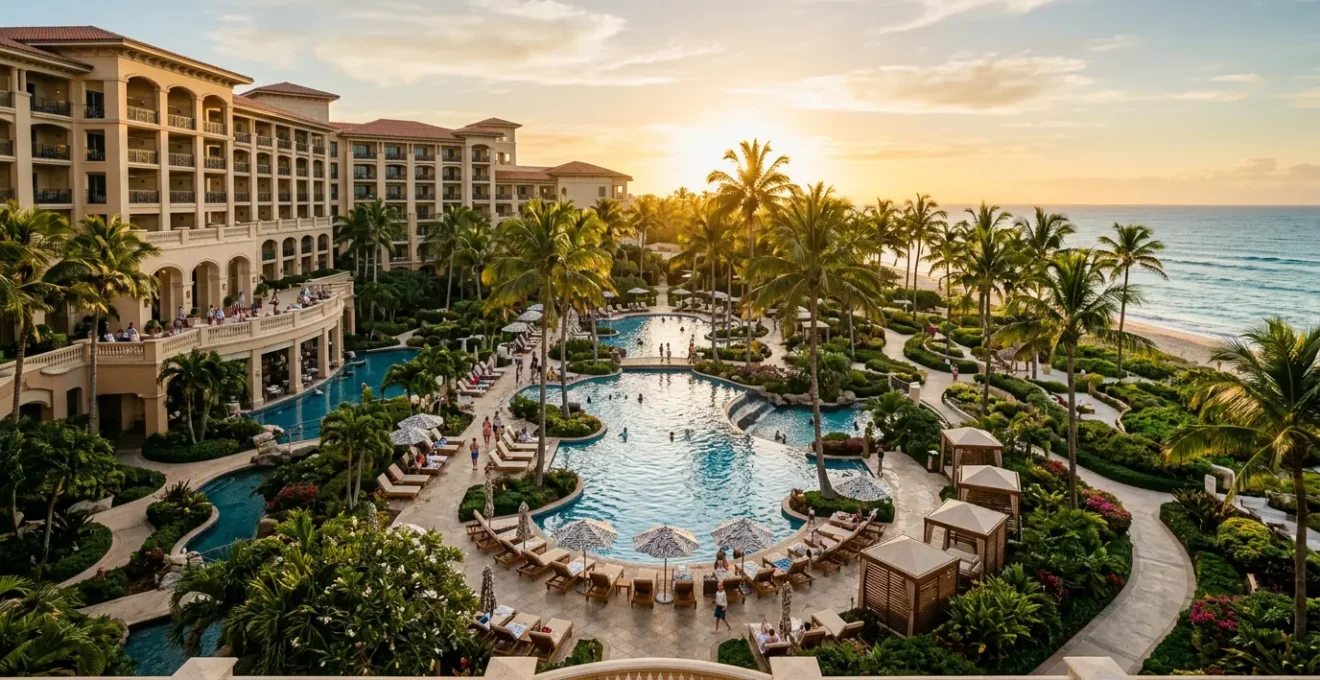 Luxurious family resort hotel with tropical poolside setting and interconnected room balconies