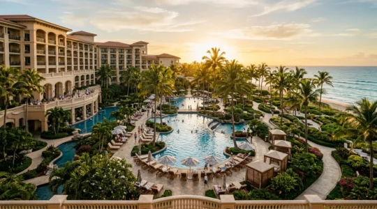 Luxurious family resort hotel with tropical poolside setting and interconnected room balconies