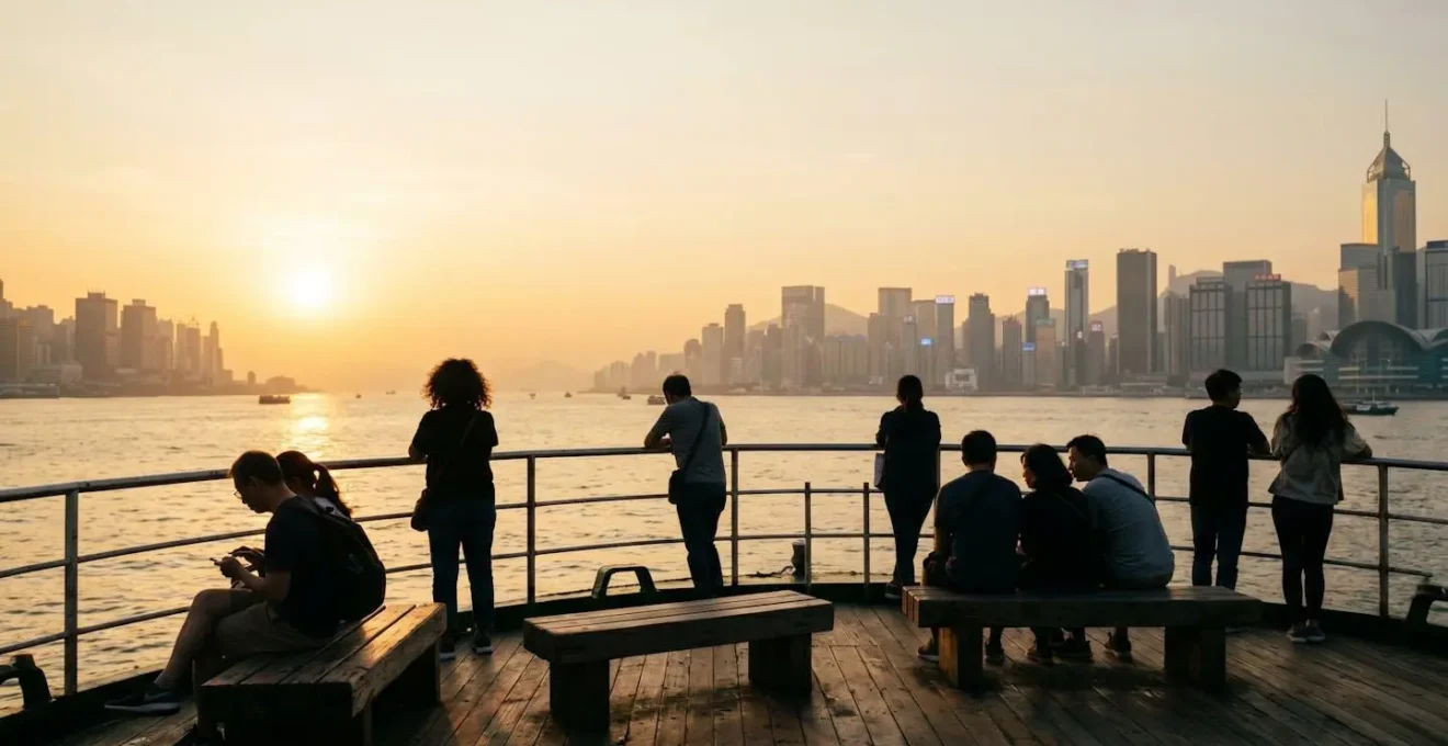 Wide shot of ferry passengers silhouetted against sunset over Hong Kong harbor