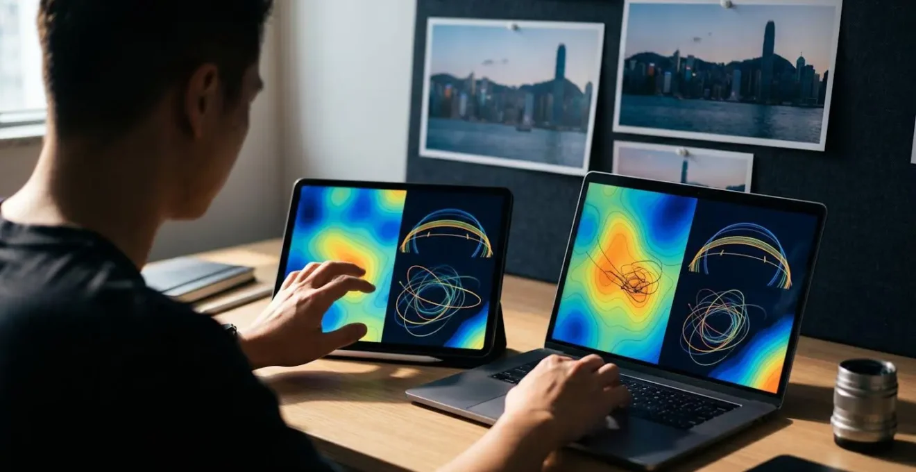 Photographer using Google Earth 3D view and sun tracking app on devices for location scouting