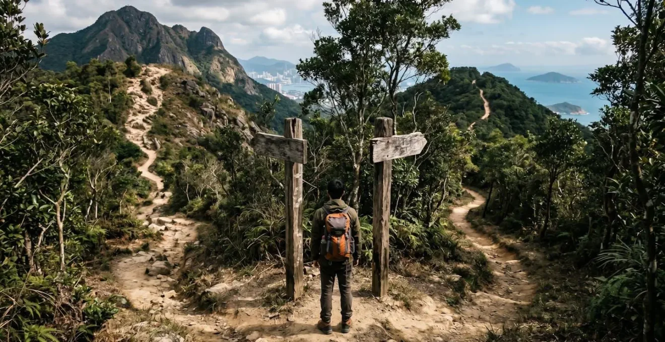 Hiker at wooden trail signpost junction with two diverging paths in Hong Kong country park