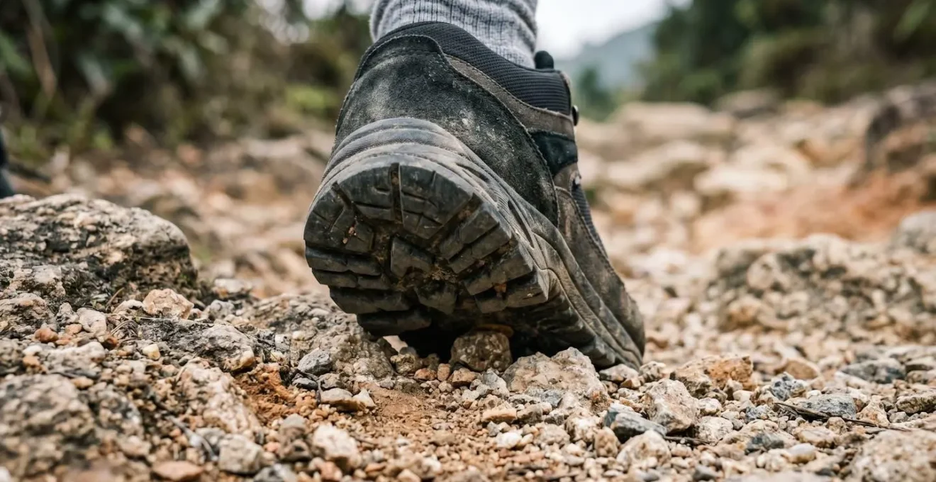 Extreme close-up of proper hiking boot gripping rocky trail surface showing tread pattern and ankle support