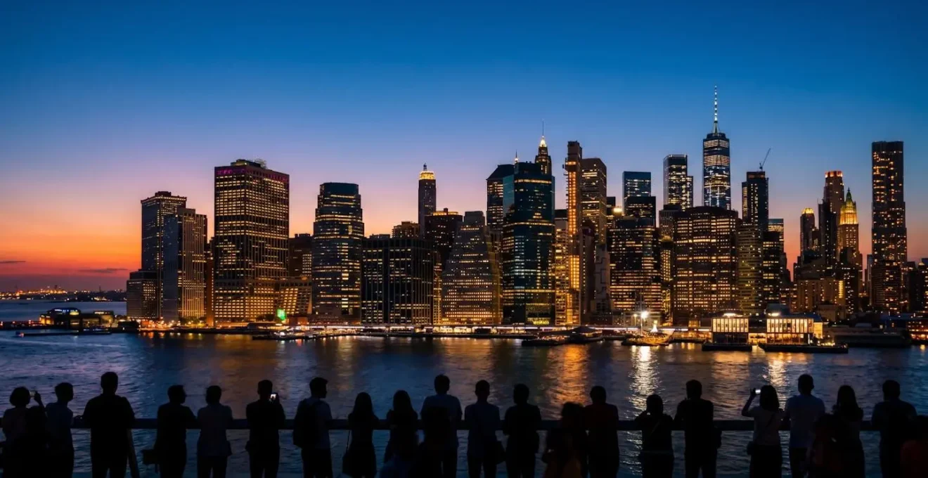 Hong Kong skyline during blue hour with illuminated buildings reflected in harbour