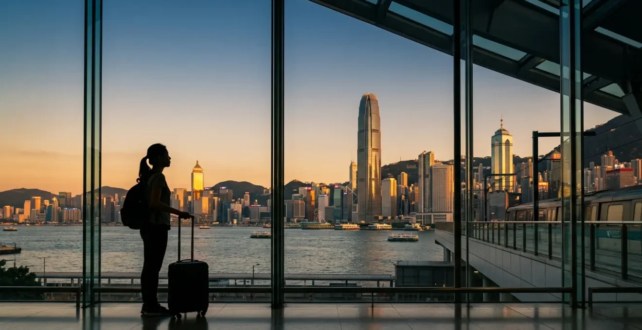 Traveler with luggage viewing Hong Kong skyline at golden hour from airport express platform