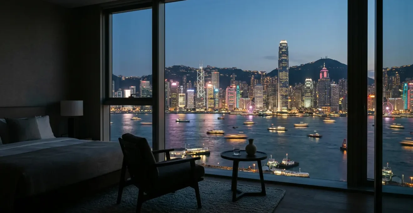 Luxurious Hong Kong hotel room with floor-to-ceiling windows showcasing the illuminated Victoria Harbour skyline at night