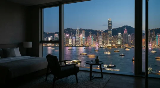 Luxurious Hong Kong hotel room with floor-to-ceiling windows showcasing the illuminated Victoria Harbour skyline at night