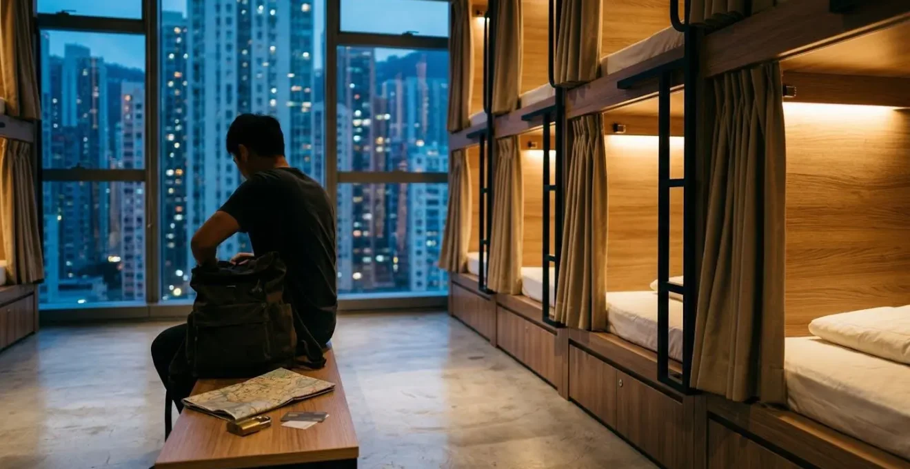 Backpacker exploring Hong Kong hostel capsule with city lights in background