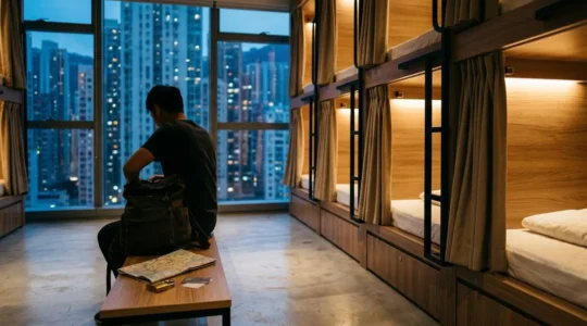 Backpacker exploring Hong Kong hostel capsule with city lights in background