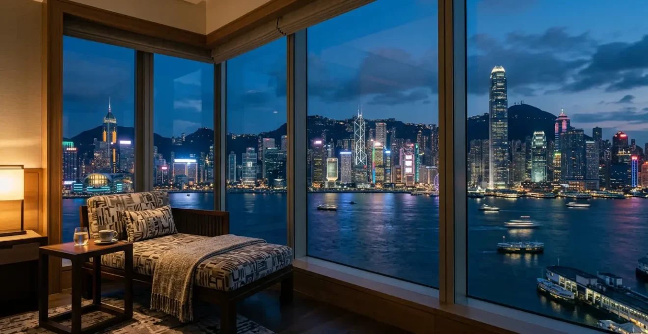 Luxury Hong Kong hotel room with panoramic harbor and skyline views at blue hour