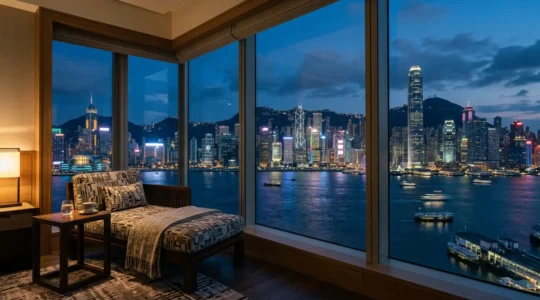 Luxury Hong Kong hotel room with panoramic harbor and skyline views at blue hour