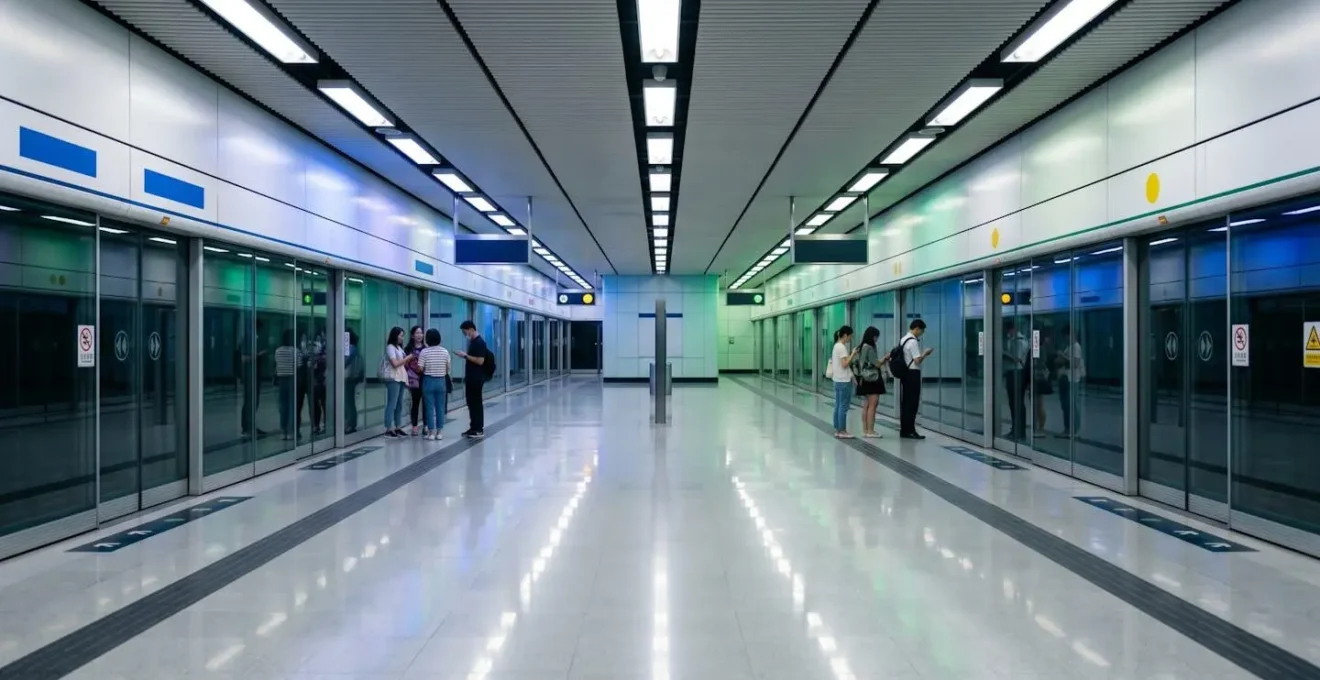 Modern MTR station platform with safety screen doors and passengers waiting