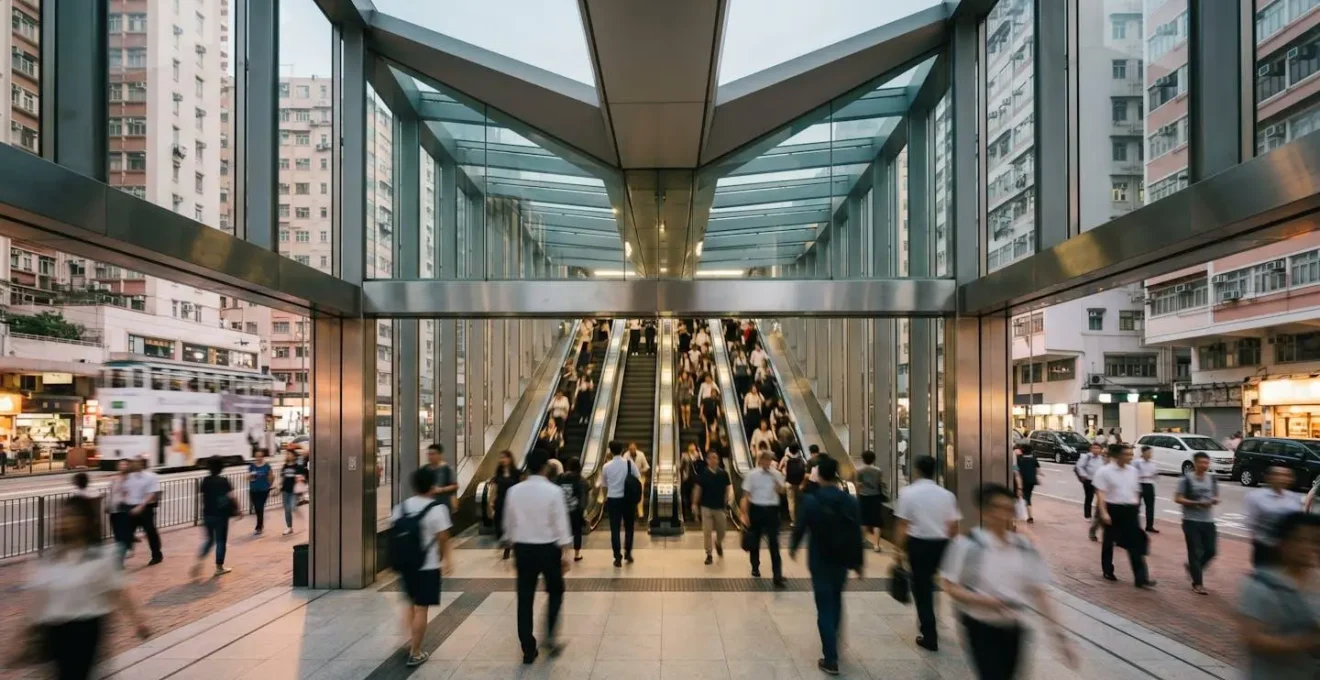 MTR station entrance with busy pedestrian flow during evening commute