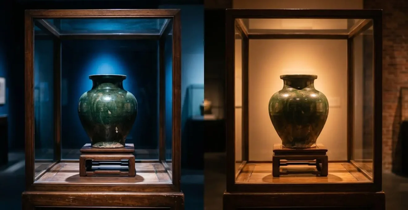 Museum display case showing contrasting interpretations of historical opium war artifacts