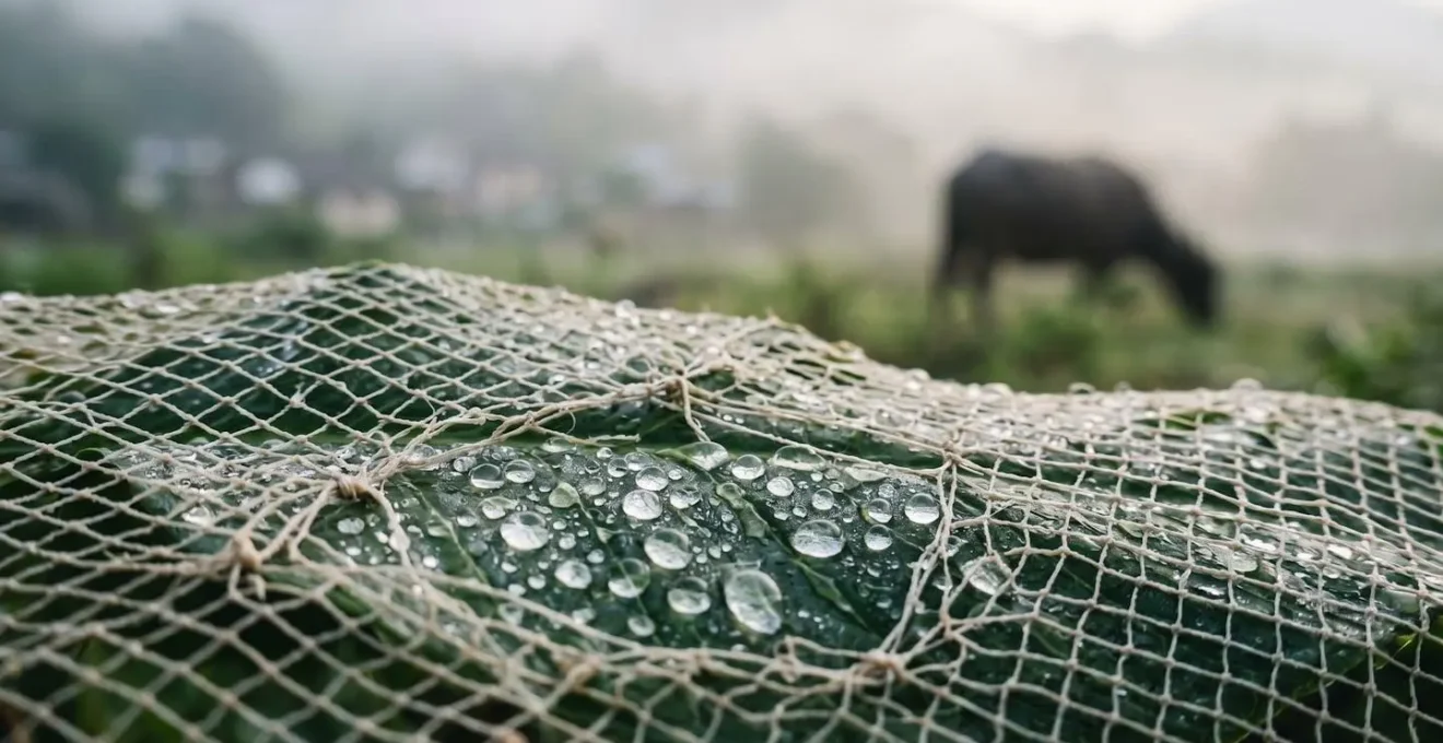 Macro shot of morning dew on tropical vegetation with blurred silhouette of water buffalo in background countryside