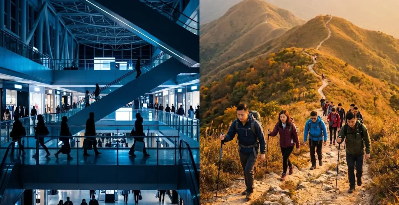 Split scene showing indoor shopping mall in summer and outdoor hiking trail in autumn