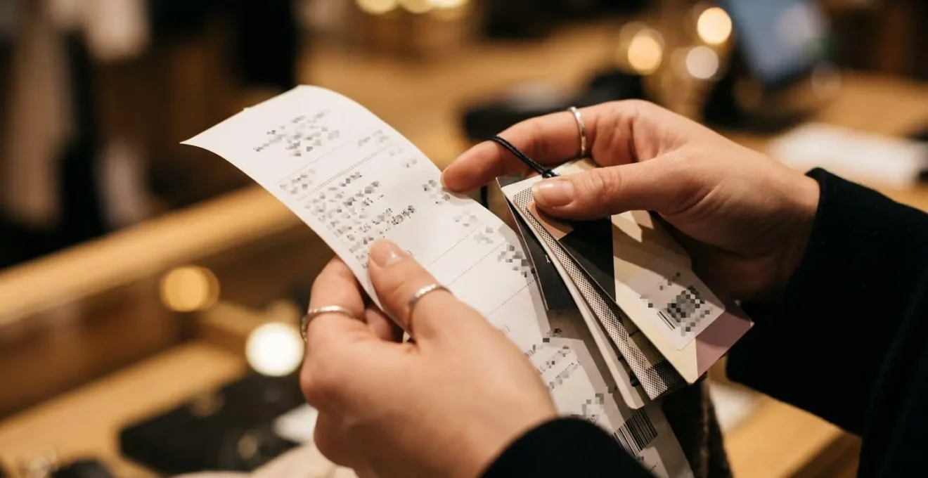 Close-up of hands carefully examining shopping receipts and tags in a Hong Kong retail store