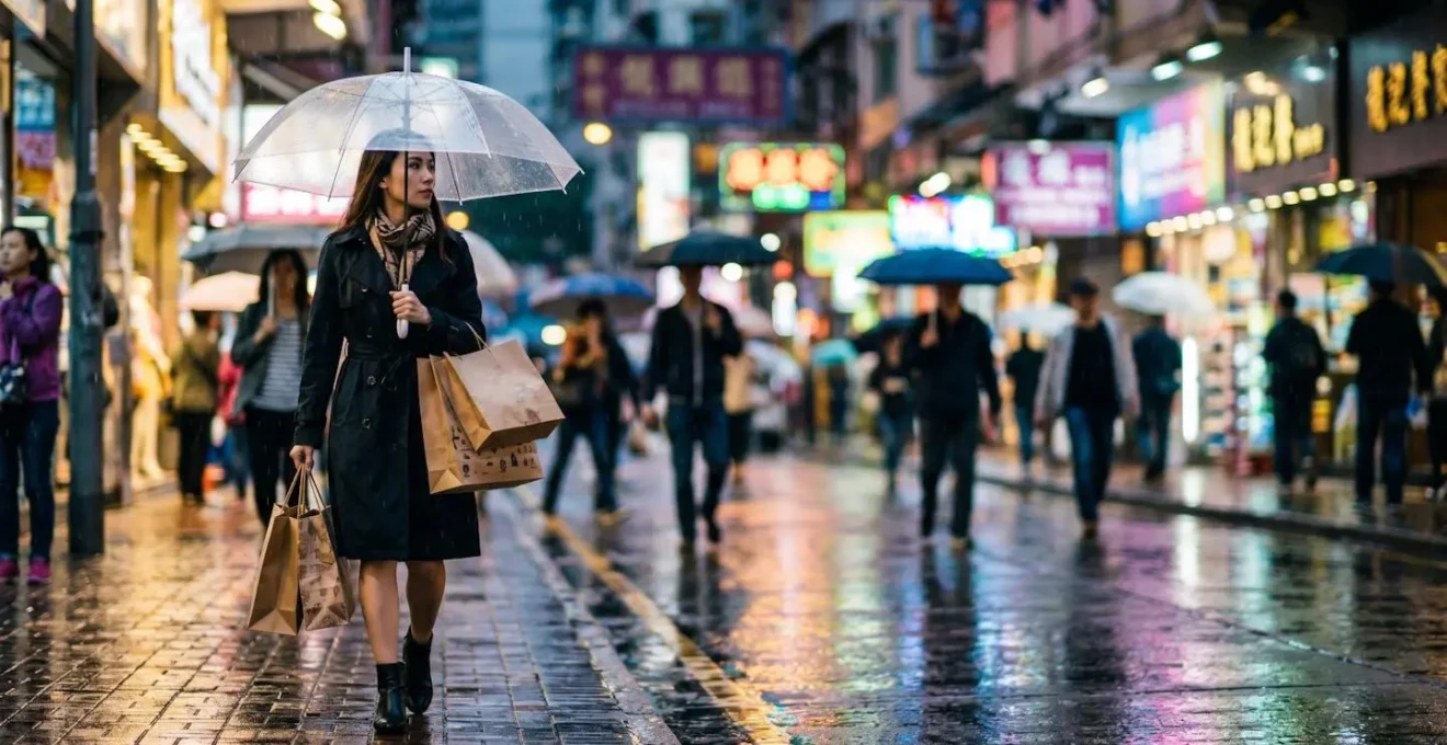 Evening shopping scene on a wet Hong Kong street with colorful reflections and shoppers with umbrellas