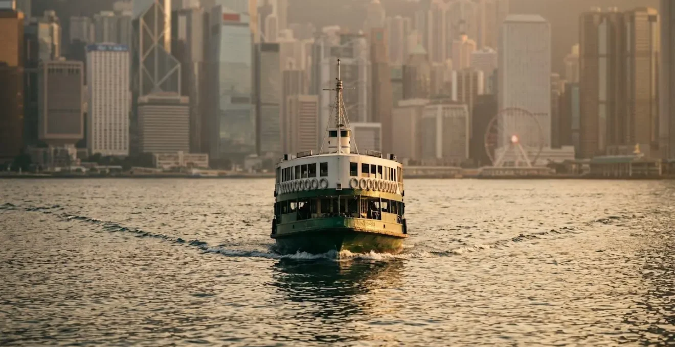 Iconic green and white Star Ferry crossing Victoria Harbour with the city skyline in the background