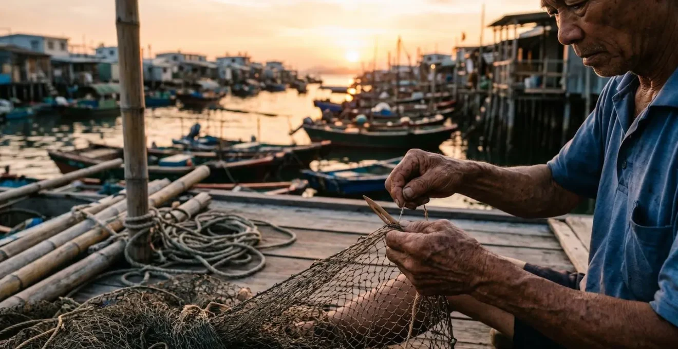 Traditional fishing boats and stilt houses at golden hour in Hong Kong harbor